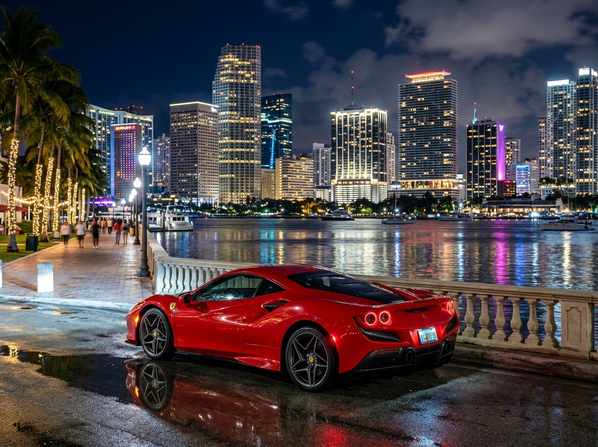 2022 Ferrari F8 Tributo red coupe on Miami waterfront Brickell at night with city lights reflected