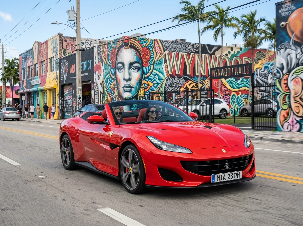 2023 Ferrari Portofino M convertible in Rosso Corsa red with top down driving through Wynwood Miami