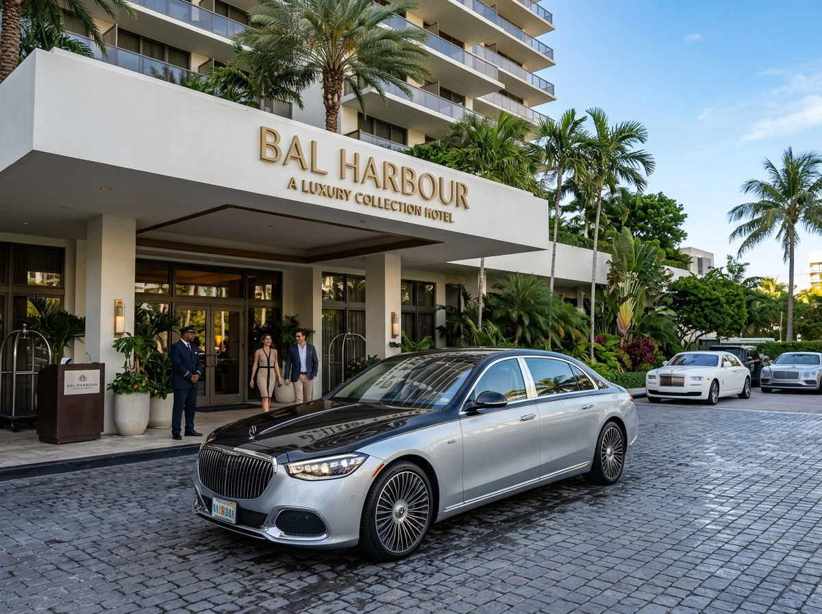 2024 Mercedes-Benz Maybach S680 two-tone black and silver sedan in front of luxury hotel Bal Harbour Miami