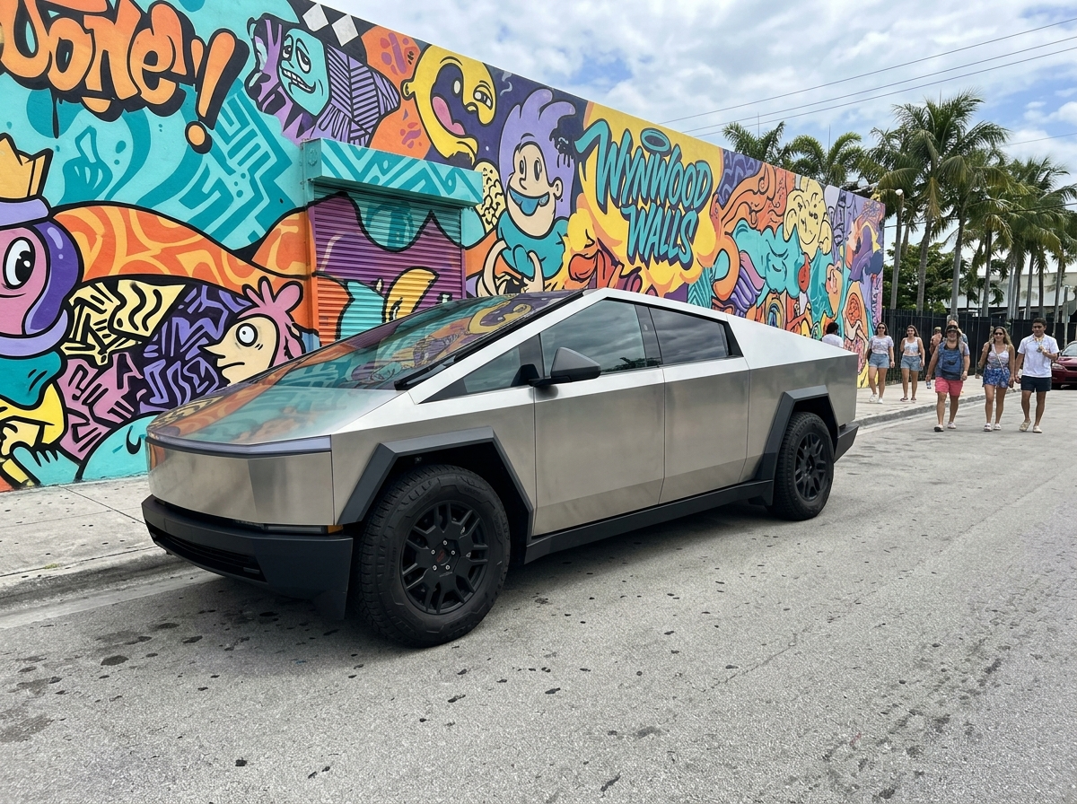 2024 Tesla Cybertruck stainless steel angular electric truck parked at Wynwood Walls Miami street art district
