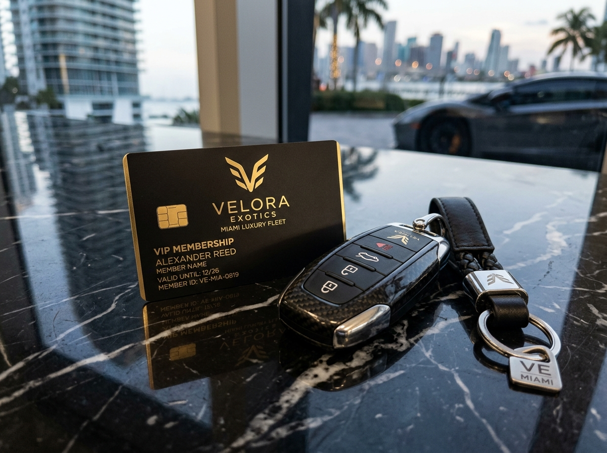 VIP membership card and key fob on black marble surface with Velora Exotics branding Miami luxury fleet